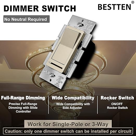 BESTTEN 5 Pack Matte Champagne Gold Dimmer Light Switch, Single Pole or 3-Way, Compatible with Dimmable LED, CFL, Incandescent and Halogen Bulb, 120VAC, Signature Collection, UL Listed