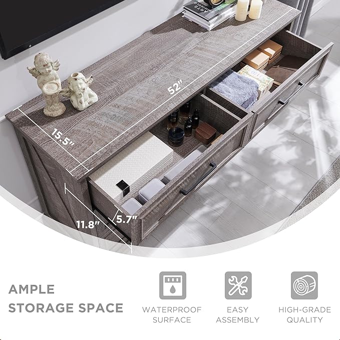 JXQTLINGMU Farmhouse 6 Drawers Dresser for Bedroom, 52'' Wide Large Wood Dressers with Bar Handles, Chests of Drawers with Storage Dressers Organizer for Bedroom, Hallway, Grey