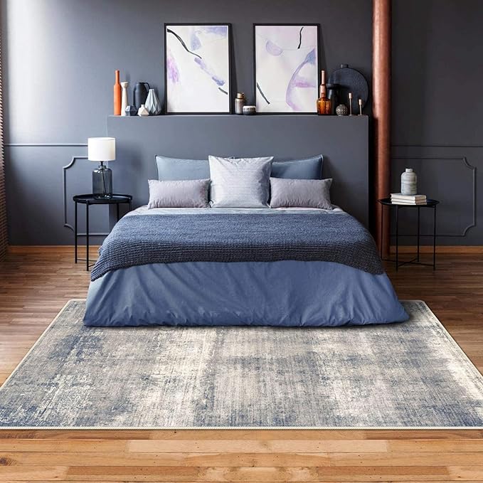 5x7 Area Rugs - Ultra-Thin Washable Rug with Non-Slip Backing, Ideal for Living Room, Bedroom, Kitchen Floor Carpet - Modern Abstract Style, Easy Clean, Durable, Low Pile Grey/Navy