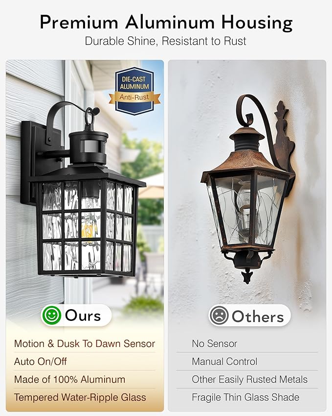 VIANIS Outdoor Wall Lantern With Motion Sensor, Dusk To Dawn Exterior Light Fixtures Wall Mount, LED Outdoor Porch Light, Anti-Rust 100% Aluminum Modern Black Outdoor Sconce Lights for Garage,Entryway