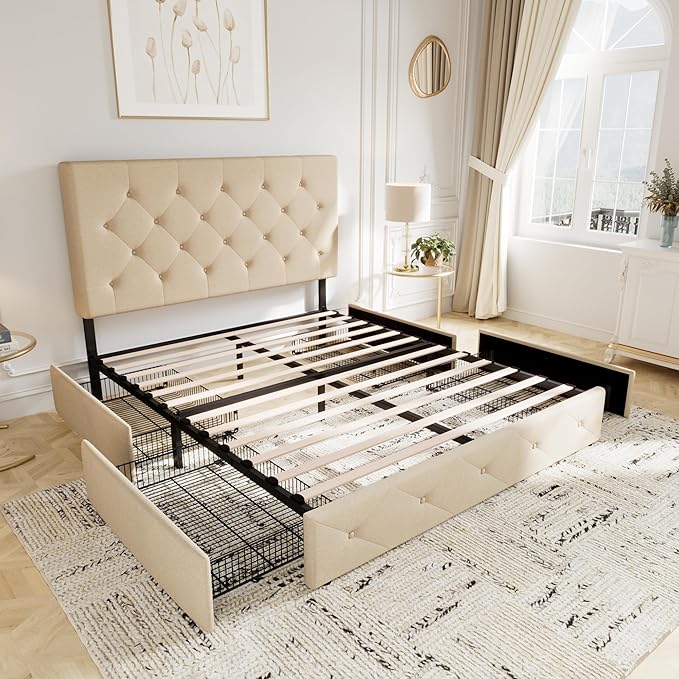 Allewie Upholstered Queen Size Platform Bed Frame with 4 Storage Drawers and Headboard, Diamond Stitched Button Tufted, Mattress Foundation with Wooden Slats Support, No Box Spring Needed, Beige