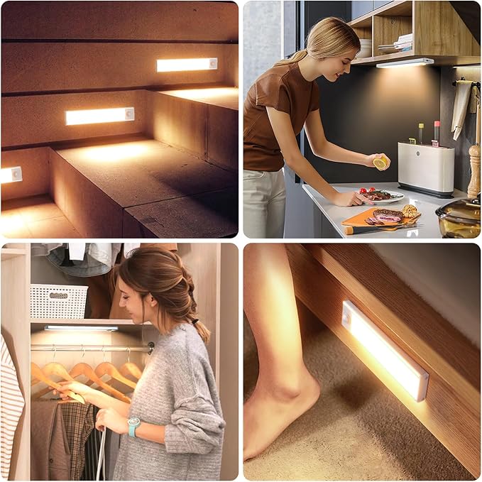 6 Pack Under Cabinet Lighting Wireless, 58 LED Rechargeable Battery Motion Sensor Light Indoor, Stick On Magnetic Closet Lights, Under Counter Lights for Kitchen, Stairs, Warm 14 in