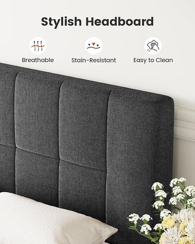 Amada Full Platform Bed Frame with 12 Thickened Legs & Adjustable Fabric Upholstered Headboard, Solid Wooden Support 1300 Lbs Weight Capacity, No Box Spring Needed/Easy Assembly/Underbed Storage