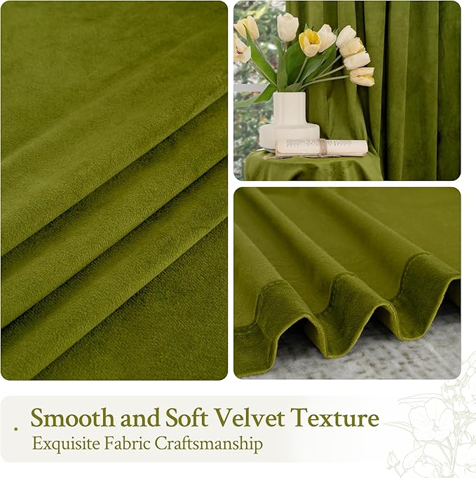 LAMIT Moss Green Velvet Curtains 108 Inch for Living Room, Vintage Thermal Insulated Blackout Panels Super Soft Back Tab and Rod Pocket Window Drapes for Bedroom, 2 Panels, 52 x 108 Inch