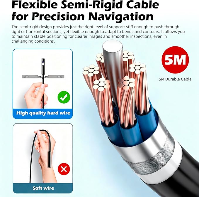 5" Dual-View Handle Endoscope Camera,2MP Front&Side Lens,IP67 Waterproof 5M Semi-Rigid Cable,360° Probe Control,4-Level LED,3X Zoom,Video&Photo Recording,Inspection Camera for Industrial Use,32GB Card