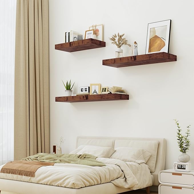 Heimlove 12" Deep Floating Shelves for Wall Shelf Over Toilet Wall Mounted Farmhouse Long 55 inches Set of 1, Farmhouse Shelves with Invisible Brackets for Living Room, Kitchen, Bedroom,Rustic Brown