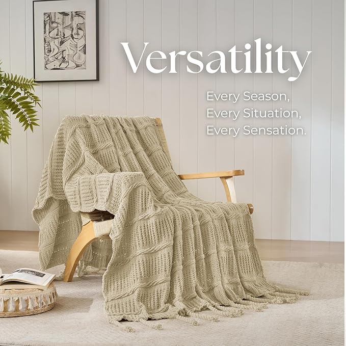 Boho Knitted Chenille Blanket with Tassels - Lightweight & Soft All-Season Throw - 3D Classic Pattern for Living Room Bedroom Couch, Sandy Beige, Twin 60"x80"
