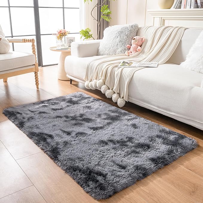 duduta Grey Plush Rugs for Bedroom 4x6 ft, Gray Fluffy Carpet for Living Room, Shag Rug for Kids Room Dorm Nursery Playroom