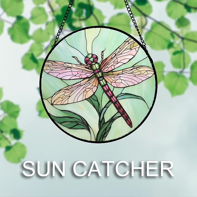 Stained Glass Window Hanging 4 Pcs Set Pink Green Insect Theme 6.3" - Butterfly Suncatcher Door Garden Sun Catcher Decor Birthday Christmas for Mom Woman Nana Men