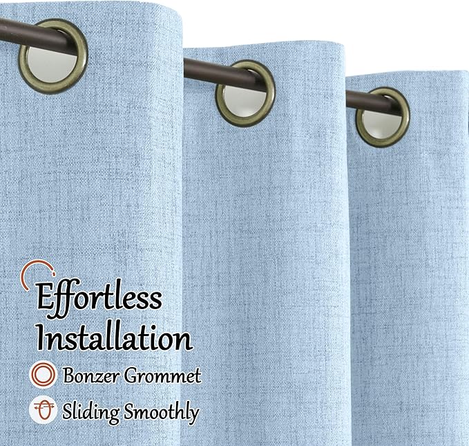 Baby Blue Linen Blackout Curtains for Nursery 72 Inch Length 2 Panels Set, Thermal Insulated Boho Total Black Out Noise Reducing Bonzer Grommets Window Curtains for Kids Bedroom, Each 52 Inch Wide