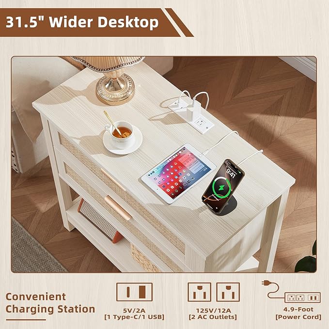LEYAOYAO 31.5" Wide Rattan Night Stand with Charger Station, Oversized Large Boho Nightstand with 2 Drawer, Grey White Bed Side End Tables, Tall Bedside Table for Bedroom Living Room, Hallway