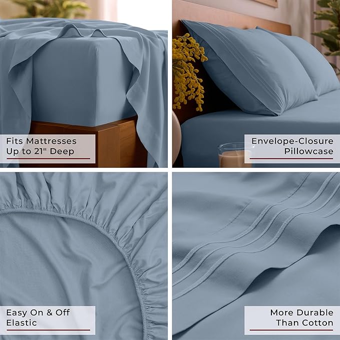 Mellanni Queen Sheet Set - 6-Piece Iconic Collection Bedding, (Including 4 Pillowcases), 21-Inch Extra Deep Pocket, Easy Care, Ultra Soft, Cooling Sheets, Brushed Microfiber - Blue Hydrangea
