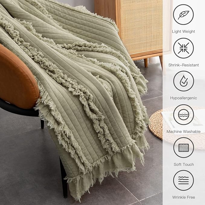 Ultra Soft Pre-Washed Quilted Boho Olive Green King Size Blankets for Bed, Green Ruffle Fringed Decorative Throw, Stone Washed Chic Rustic Blanket for Sofa Couch Bed, 104"*90"