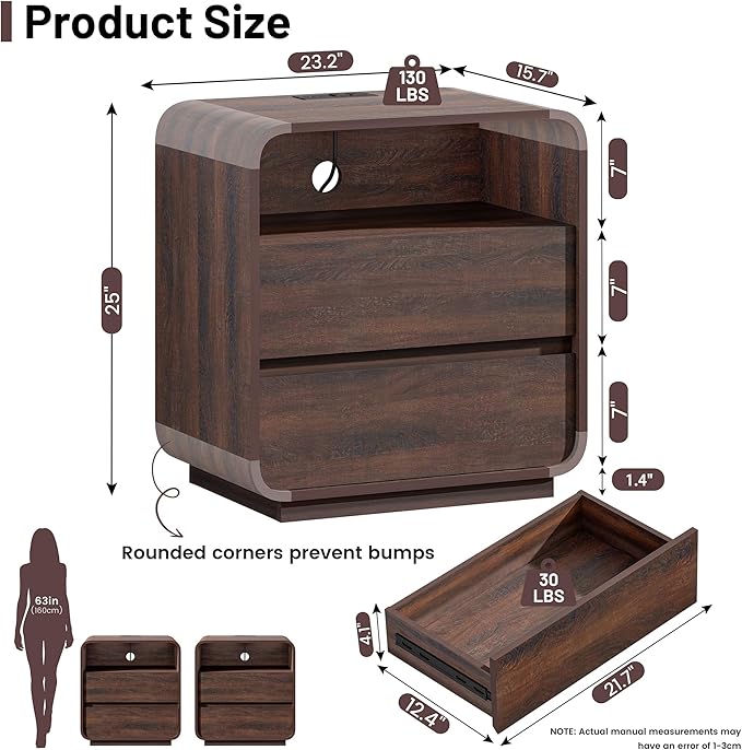 Curved Nightstand Set of 2 with Charging Station, 23.2" Wide Wood Bedside Table 2 Storage Drawers, Modern Side Table Handleless End Table, Walnut Night Stand for Bedroom, Office