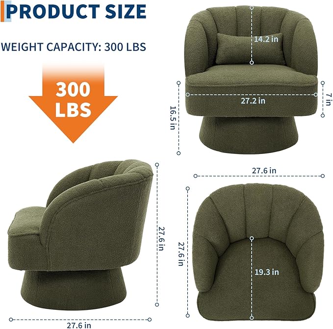 GarveeHome Modern Swivel Barrel Accent Chair, 360° Teddy Fabric Upholstered Armchair with Striped Backrest & Plush Padding, Comfy Round Lounge Chair for Living Room, Bedroom, Reading Nook, Green 2 PCS