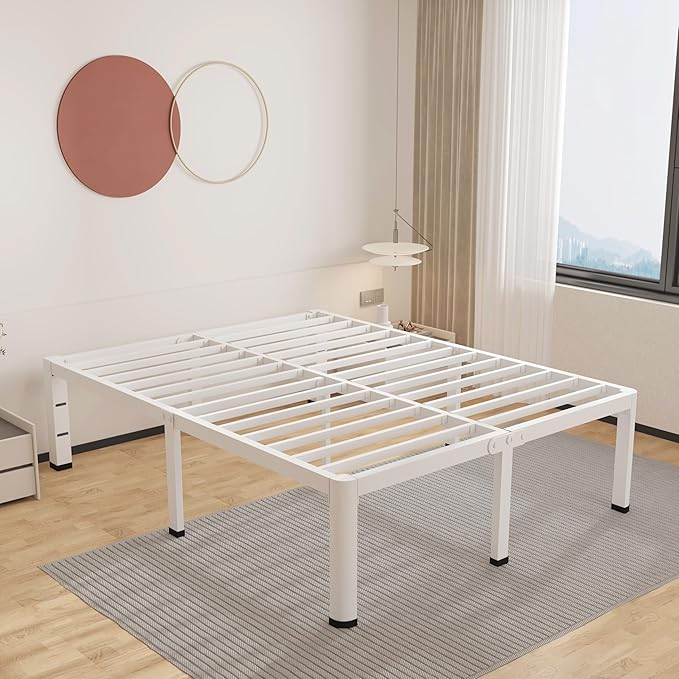 ROIL 20 Inch White Queen Bed Frame with Rounded Corner and Headboard Hole Mattress Retainers, 3500LBS Heavy Duty Steel Slats No Box Spring Needed Platform Noise-Free Easy Assembly