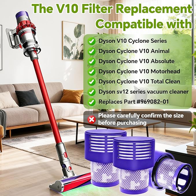 3 Packs V10 Vacuum Filter Replacement for Dyson Cyclone Series, V10 Animal, V10 Absolute, V10 Motorhead, V10 Total Clean, SV12 Series Vacuum Cleaner, Replace Part 969082-01