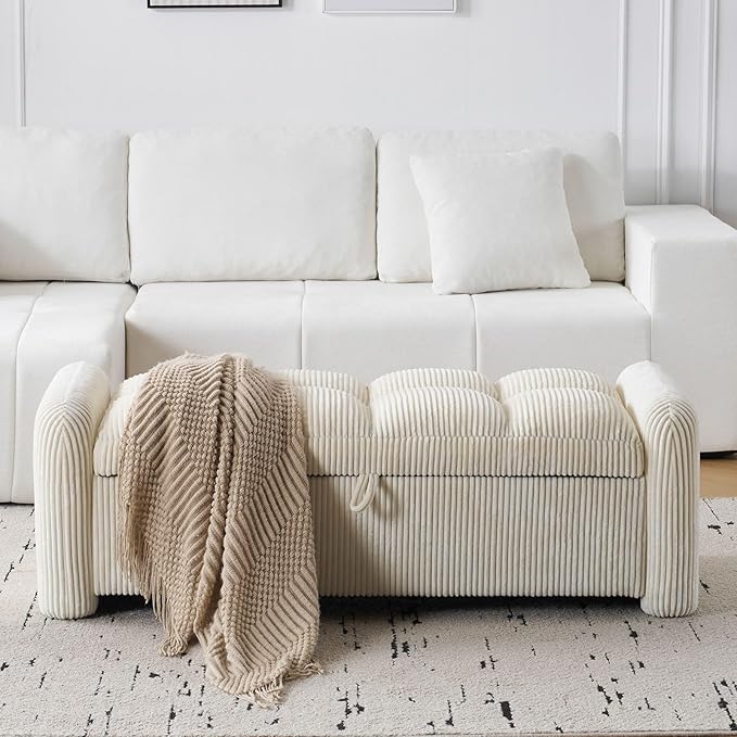 Oversized Corduroy Ottoman Bench with Storage, Upholstered End of Bed Bench for Bedroom, Ottoman Foot Rest for Living Room, Beige