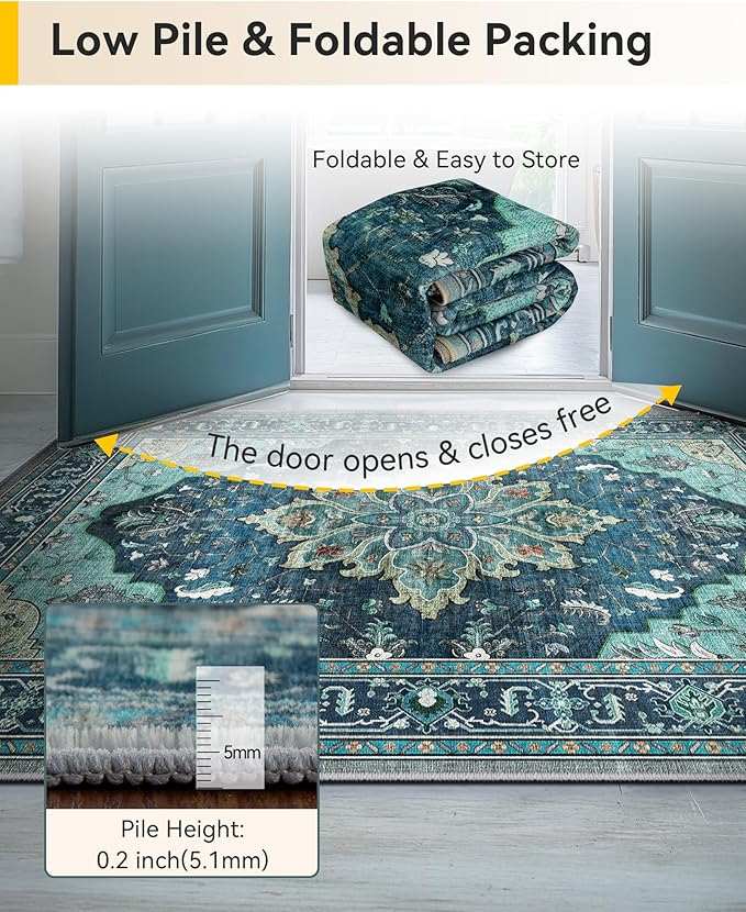 Area Rugs 3'x4' Washable Non-Slip, Floral Vintage Distress Print Pattern Medallion Carpet for Living Room Bedroom Dining Room, Teal Green Lake Blue Turquoise
