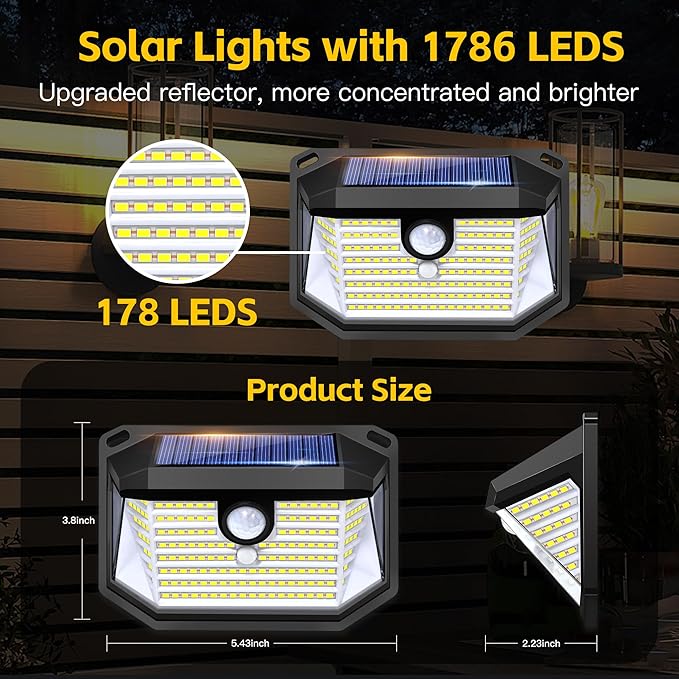 FAXBOX Solar Lights Outdoor Motion Sensor, 178 LED 300LM Waterproof IP65, Wall Mounted Security Light with 3 Modes, 270° Wide AngleWide Angle, Solar Powered for Garden, Yard, Patio, Front Door(8Pack)