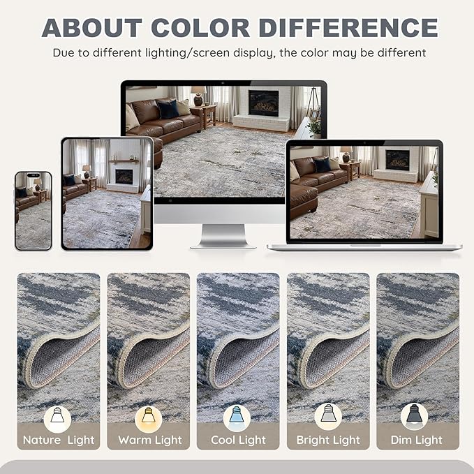 Area Rug Living Room Rugs - 10x12 Washable Large Soft Indoor Neutral Modern Abstract Low Pile Rug Carpet for Bedroom Dining Room Farmhouse Home Office - Blue/Grey/Brown
