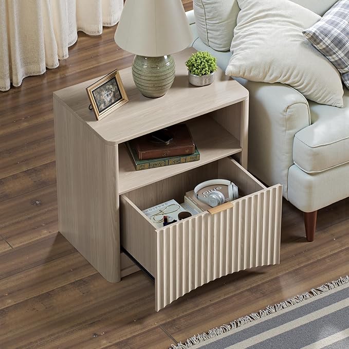 Evermagin Fluted Nightstand, Bedside Table with Drawer and Storage, Wood End Table Mid Century Modern, Large Night Stand for Bedroom, White Alder