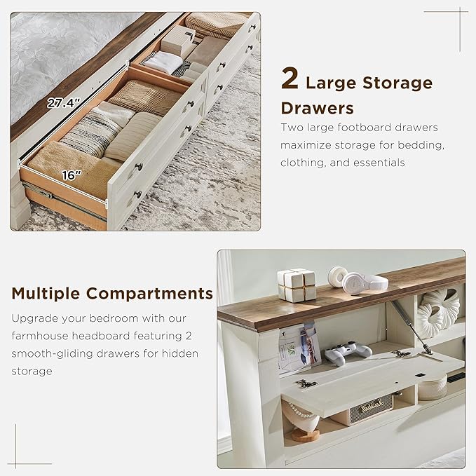 Farmhouse Queen Size Bed Frame with 54" Tall Storage Bookcase Headboard, Wood Platform Bed Frame with 2 Drawers & 18" Tall Roman Column Decoration Footboard, No Box Spring Needed(Antique White)