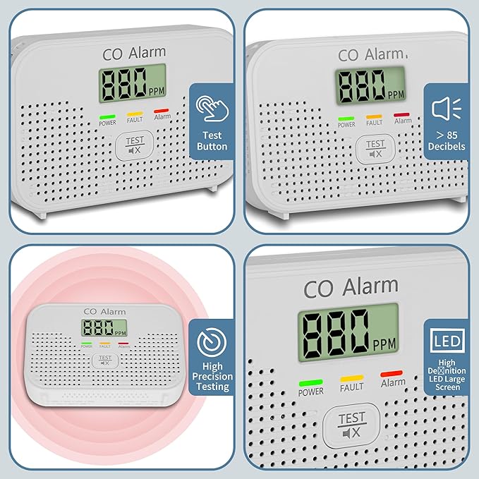 Carbon Monoxide Detector Powered by AA Battery (not Included),CO Monitoring Alarm with LCD Display Screen, Used for Home Basement Kitchen, Hotel Garage, Bedroom, Living Room Voice Alarm 4 Pack