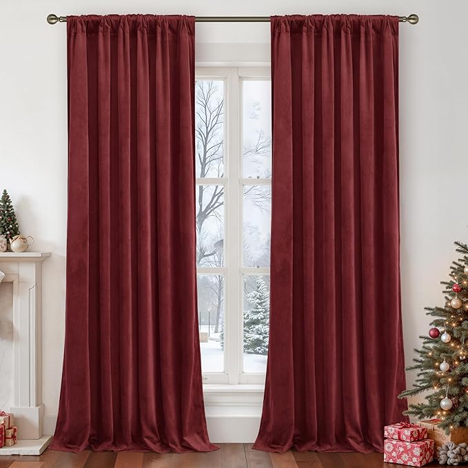 LAMIT Burgundy Red Velvet Curtains 96 Inch for Living Room, Vintage Thermal Room Darkening Panels Privacy Back Tab and Rod Pocket Christmas Drapes for Bedroom/Theater, 2 Panels, 52 x 96 Inch