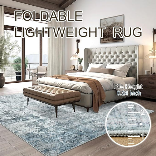 Abstract Rug 5x7 Machine Washable Area Indoor Blue Low Pile Non-Slip Foldable Thin Accent Rugs for Bedroom Living Room Dining Room