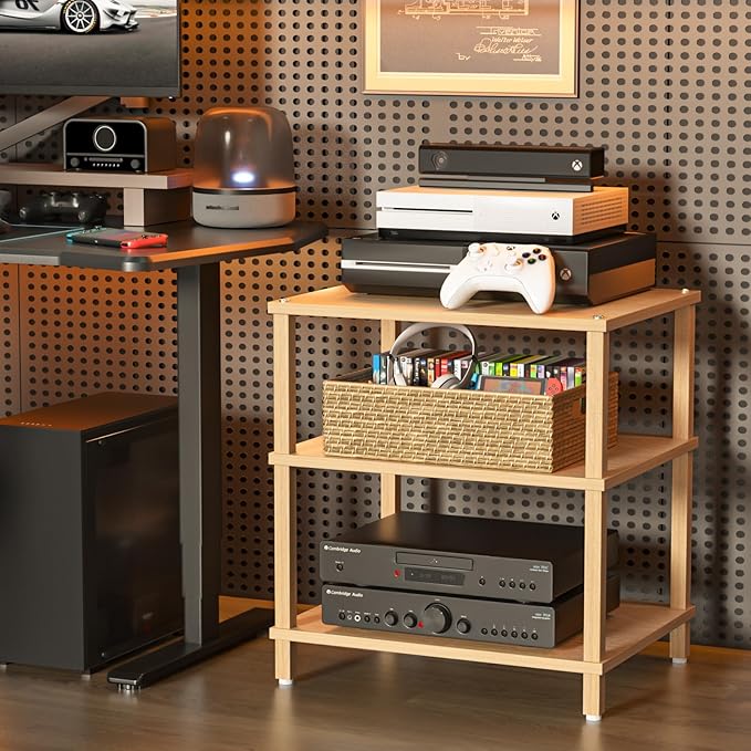 3-Tier AV Media Player Stand, Natural Stereo Cabinet, Modern Audio Shelf, Wooden TV Stand,Game Console Shelf, Multifunctional Entertainment Center, Suitable for Home, Conference Room, Game Studio