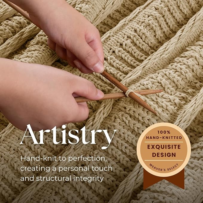 Boho Knitted Chenille Blanket with Tassels - Lightweight & Soft All-Season Throw - 3D Classic Pattern for Living Room Bedroom Couch, Sandy Beige, Twin 60"x80"