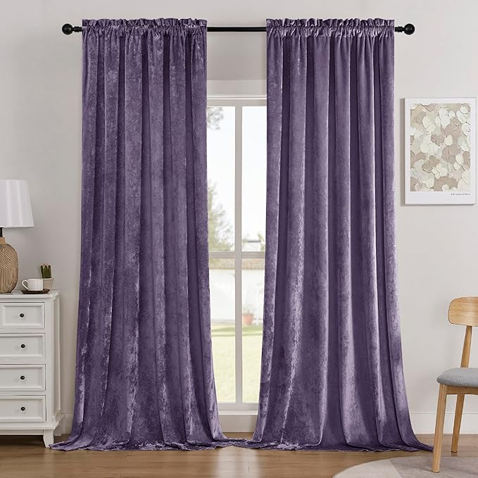 SMILETIME Lilac Purple Crushed Velvet Curtains 52x84inch Rod Pocket Luxurious Thermal Insulated Soundproof Drapes Soft and Durable Light-Filtering Window Treatments for Living Room Bedroom, 2 Panels