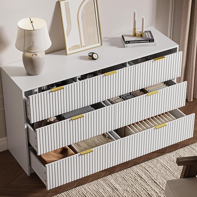 3-Piece Dresser Bedroom Set, 7 Drawer Dresser & 2 Drawer Nightstands with Gold Handles, Fluted Wood Chest of Drawers for Bedroom, Living Room, Entryway, White