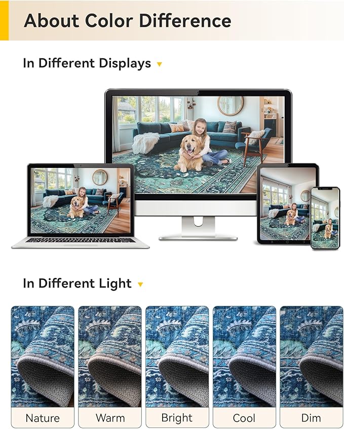 Area Rugs 3'x6' Washable Non-Slip, Floral Vintage Distress Print Pattern Medallion Carpet for Living Room Bedroom Dining Room, Teal Green Lake Blue Turquoise