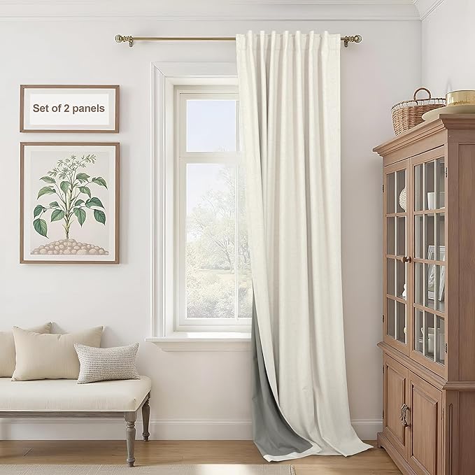 Extra Wide 70 Inch Blackout Curtains & Drapes 108 Inch Long 2 Panel for Sliding Glass Doors Modern Farmhouse Linen Blend Heavy Floor to Ceiling Large Window Bedroom Drape 70x108 Length Cream Off White
