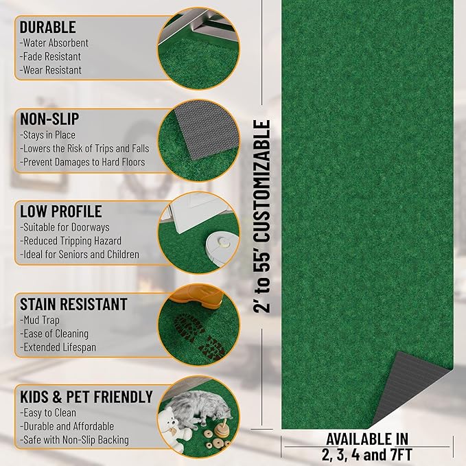Ottomanson 4' x 6'6" Mud Mat Area Rug Scraper Carpet - Non-Slip, Dirt Trapping for Indoor & Outdoor Use - Ideal for Entryway, Garage, Kitchen, Patio & High-Traffic Areas, Green