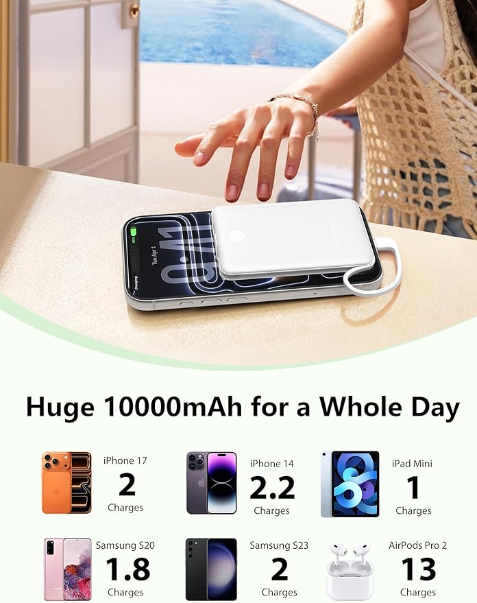 10000mAh Mini Portable Charger with Built in Cable, Pocket Size Power Bank Travel External Battery Pack for Phone, 3 Output USB Type C Cord Clutch Compatible with iPhone, Samsung, 2 Pack Black & White