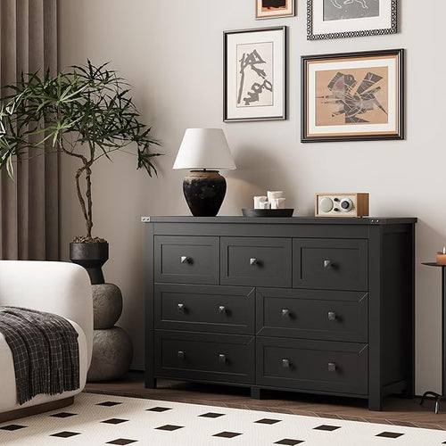 7 Drawer Dresser for Bedroom, Farmhouse Wood Chest of Drawers, Wide TV Stand Closet Storage Furniture with Metal Handle, Modern Wooden Clothes Organizer for Hallway, Living Room, Entryway, Black