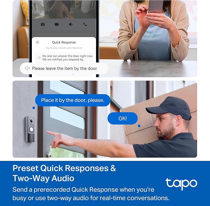 Tapo by TP-Link Smart Video Doorbell Camera with Chime, Battery or Wired, 2K QHD Color Night Vison, No Monthly Fee, 180° Ultra-Wide Head-to-Toe View, Ring Call, Free AI Detection, Local Storage (D225)