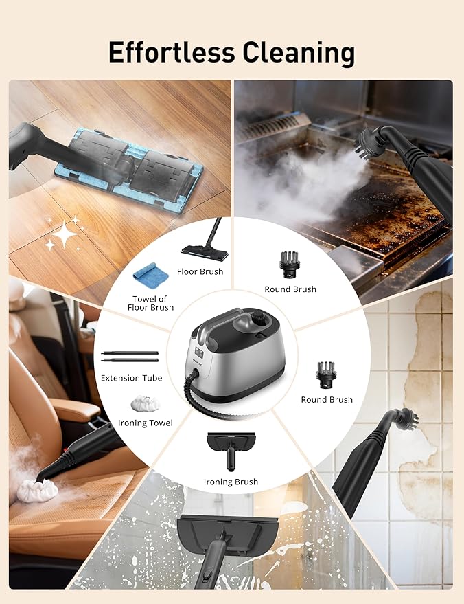 Aspiron Steam Cleaner, 293°F 58 PSI Powerful Multipurpose Handheld Steam Mop for Home Use, 21 Attachments, 50Oz Capacity, Heavy Duty Steamer for Carpets, Floors, Cars, Tiles, Crack Cleaning, Silver
