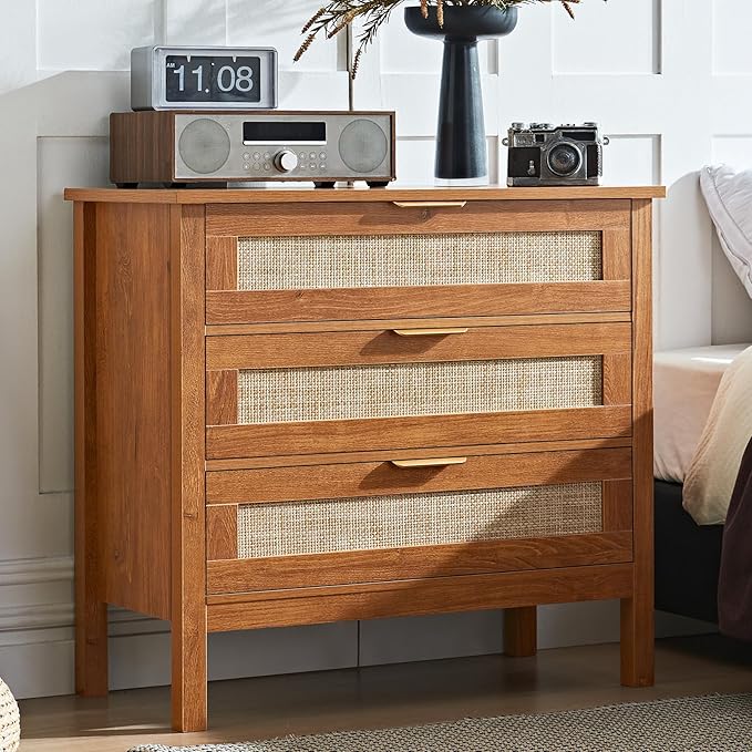 LEYAOYAO 31.5" Wide Rattan Nightstand, Large Boho 3 Drawer Night Stand, Tea Brown Bedside Table with Storage, Tall Bed Side End Tables, Chest of Drawers Dressers for Bedroom, Living Room, Hallway