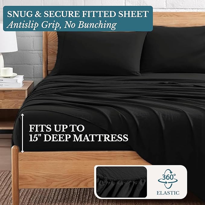 Casa Platino Split King Sheets, 4 Piece Set, Pre-Washed Ultra Soft Bed Sheets Set, Brushed Microfiber Split King Bedding Sets, Split King Size Sheets with 15 inch Deep Pockets - Black