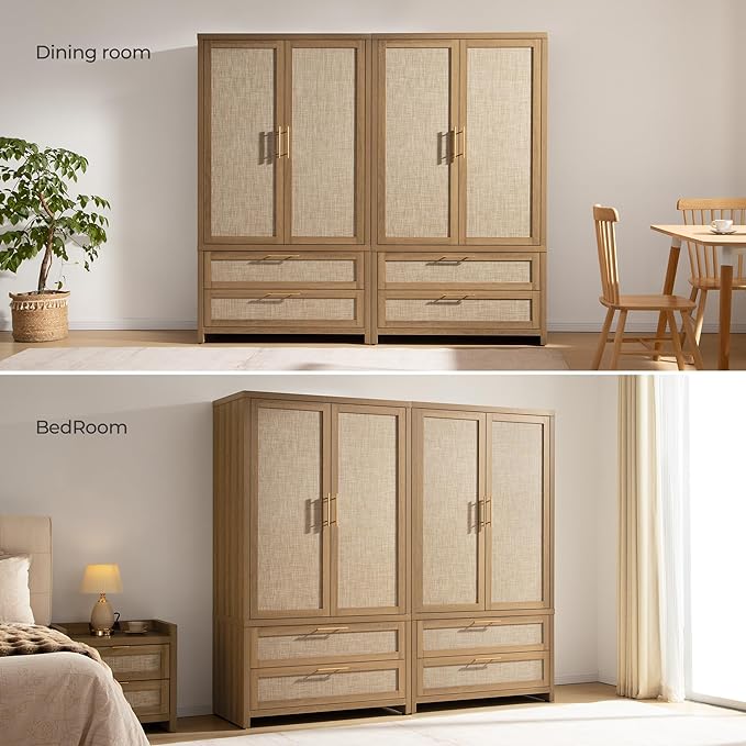 SICOTAS Rattan Armoire Wardrobe Closet Cabinet, 71" Tall Wardrobe Storage Cabinet with 2 Drawers and Hanging Rod, Boho Large-Capacity Deep Armoire Clothes Organizer for Bedroom, Cloak Room, Oak