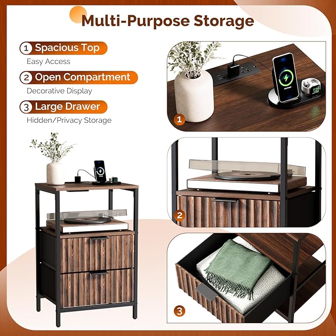 VINGLI Walnut Nightstand with Charging Station, Nightstand Fluted with Drawers Fabric, Bedside Table/End Table with Charger Station, Side Table Bedroom, Small Night Stand Dark Walnut