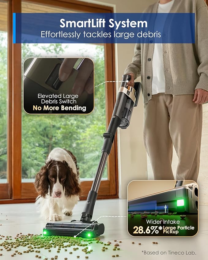 Tineco Pure ONE A90S Cordless Vacuum Cleaner, 270AW Powerful Suction Stick Vacuum Cordless Rechargeable, Up to 105min Runtime, 3DSense Master Brush, 150° Green LED Light with Floor Type Detection