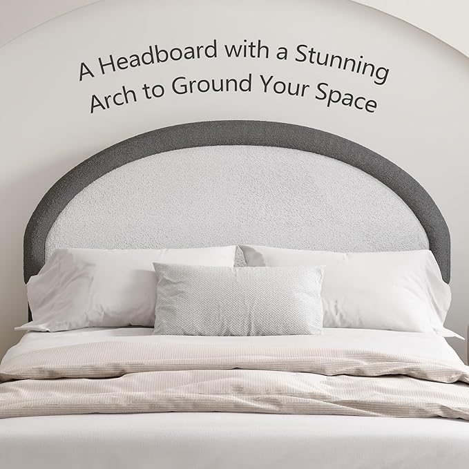 Full Size Bed Frame, Boucle Upholstered Platform Bed Frame with Headboard, Grey Bed Frame, Soft Rounded Corners, No Box Spring Required, Easy Assembly
