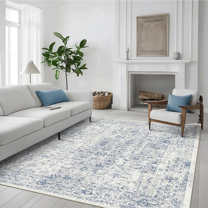 4x6 Rug, Small Area Rug for Living Room, Bedroom, Kitchen, Machine Washable Non-Slip Throw Rug, Vintage Distressed Floral Carpet for Entryway Nursery Dinner Room - Durable (Blue)
