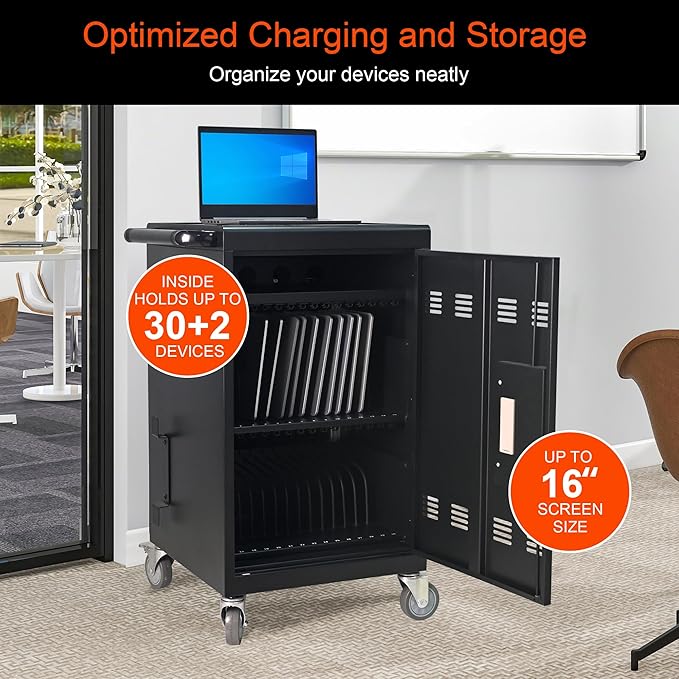 Aokleo Laptop Charging Cart,32 Devices Tablet Storage Carts for pad Up to 16.3" Screen, Classroom Computer Mobile Charging Station for Pads, Chromebooks,Laptops, Updated Password Lock(32 Bay-Black)
