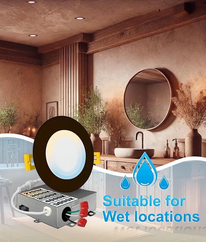 NUWATT 6 Pack 4 Inch Ultra-Thin Bronze LED Recessed Lighting, 5CCT 2700K/3000K/3500K/4000K/5000K Selectable, 630 Lumens, IC Rated, Dimmable Canless Wafer Light, Slim Panel Light, Metal J-Box, ETL